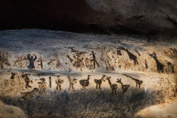 Prehistoric art wall cave paintings  dating from Epipaleolithic (Stone Age), Neolithic (New Stone Age), Eneolithic (Stone-Copper Age) and the beginning of the Early Bronze Age, the Magura cave in Bulgaria.
