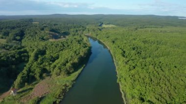 Bulgaristan 'ın Veleka Nehri' nin yoğun yeşil ormanı ile çevrili geniş bir nehrin sakin yeşil suları üzerinde insansız hava aracı uçuşu.