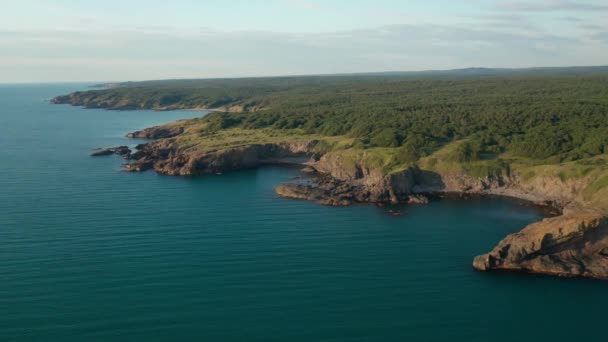 Drone Flight Picturesque Rocky Coastline Small Wild Beaches Green Meadows — Stock Video