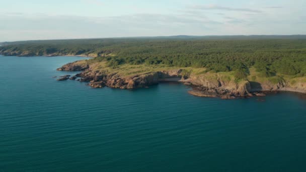 在保加利亚黑海南部海岸 无人驾驶飞机在风景如画的岩石海岸周围飞行 海岸上有小的野生海滩和绿色的草地 — 图库视频影像