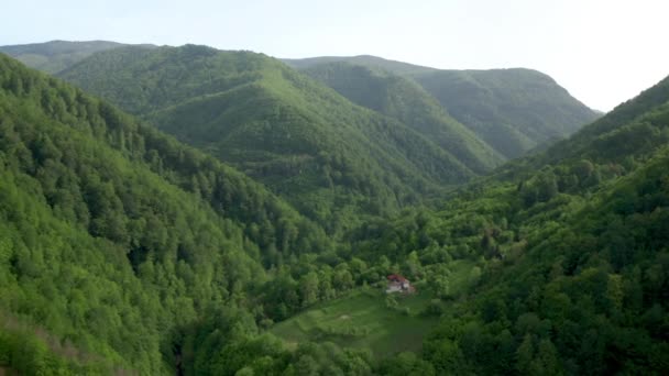 Drone Vlucht Boven Groene Boom Bedekte Berghellingen Huizen Genesteld Hen — Stockvideo