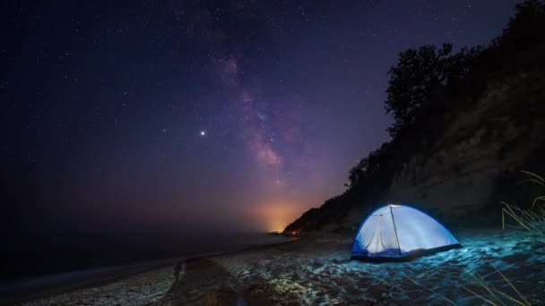 Amazing Time Lapse Milky Way Galaxy Plane Trails Tent Sandy — Stock Video