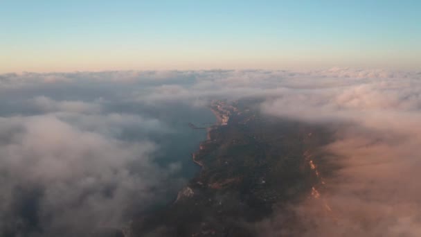 Aerial Video Low Clouds Morning Fog Hovering Sea Coastline Sunrise — Stock Video
