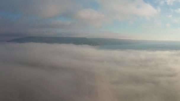 Aerial Video Low Clouds Morning Fog Hovering Sea Coastline Sunrise — Stock Video