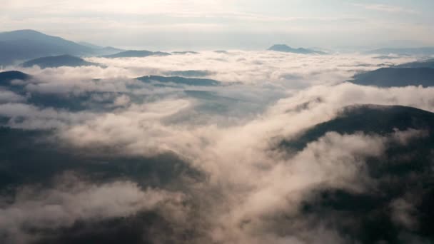 Drone Flight Low Clouds Morning Mists Covered Mountain Slopes Sunrise — Stock Video
