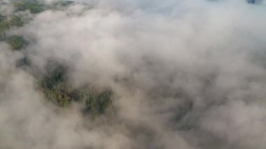 Alçak bulutlar ve sabah sisleri üzerinden insansız hava aracı uçuşu güneş doğarken dağları kapladı, Bulgaristan 'daki Rodop Dağları