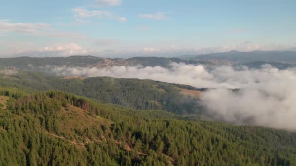 Lot Dronem Nad Niskimi Chmurami Porannymi Mgłami Pokrył Zbocza Gór — Wideo stockowe