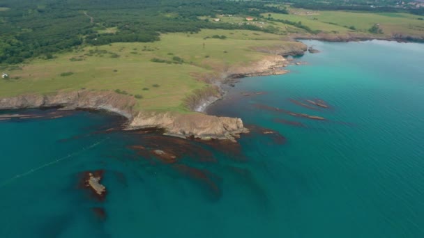 Penerbangan Drone Sekitar Pantai Berbatu Yang Indah Dengan Pantai Liar — Stok Video