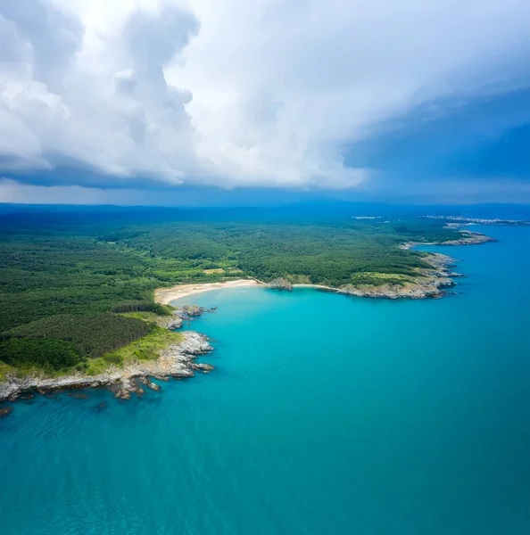 Aerial Panoramic View Picturesque Coastline Sand Beaches Rocks Green Forests — Stock Photo, Image