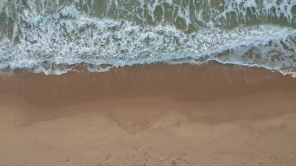 絵のように美しい海の波 黒海沿岸 ブルガリアの近くのわらの日影とサンベッド付きの空の美しい砂浜の上のビデオ — ストック動画