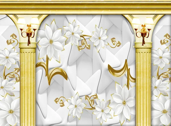 Háttér Absztrakt Arany Oszlopok Lámpával Virágokkal — Stock Fotó