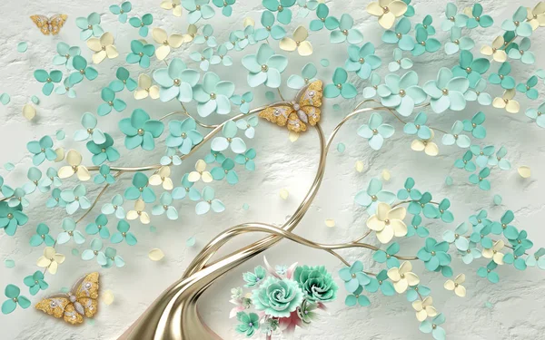 Wallpaper Abstract Floral Background Green Flowers Golden Butterfly Stock Picture