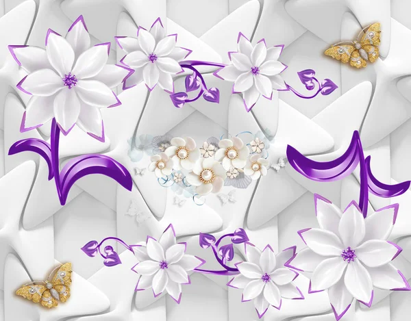 3d wallpaper abstract background with  butterfly and purple pink flowers