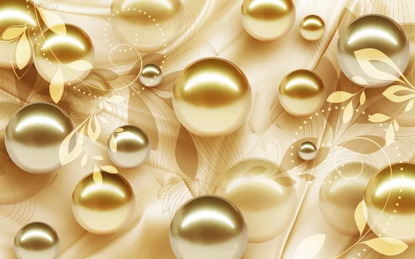 Wallpaper Design Met Florale Geometrische Objecten Gouden Bal Parels Gouden — Stockfoto