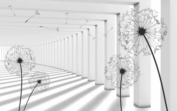 Illustration of 3D crystall ball silhouettes of dandelions pattern on decorative silver background 3D wallpaper and tunnel