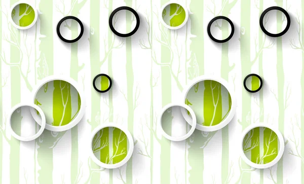 3d mural wallpaper illustration, white, green, purple, red rings with color circles, painted trees in the background