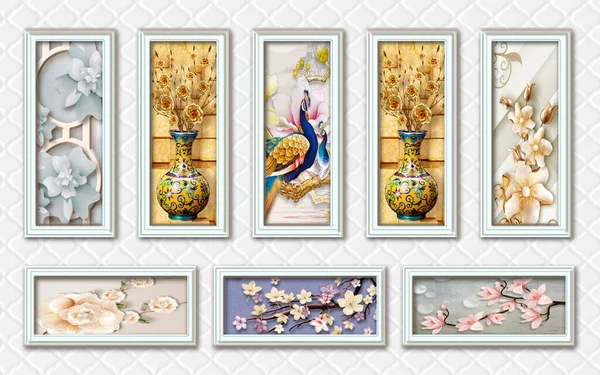 3d mural wallpaper with silver frames and flowers in tree branches with flowers and vases and peacock in silver leather . all of this in tableau
