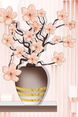 Siyah arka planda gül çiçekleri olan üç boyutlu duvar kağıdı beyaz ve siyah vazo. Duvar iskeleti için uygun. Çiçekler tablo çerçevesini dallandırır 