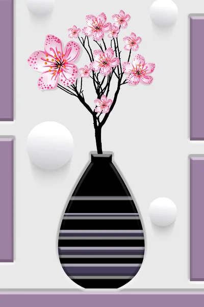 3d mural wallpaper white and black vase with rose flowers on black background . Suitable for use on a wall frame . flowers branches tableau frame