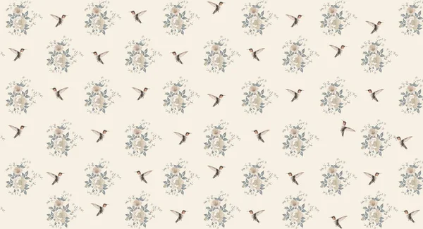 3d mural beige color with flowers pattern and flying birds .modern simple background for room wallpaper