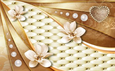 Klasik iç mekanda 3d duvar kağıdı klasik koltuk. Küflü duvarlar, dekoratif sütunlar ve çiçekler. Mücevherler, altın arka planda altın deri. .