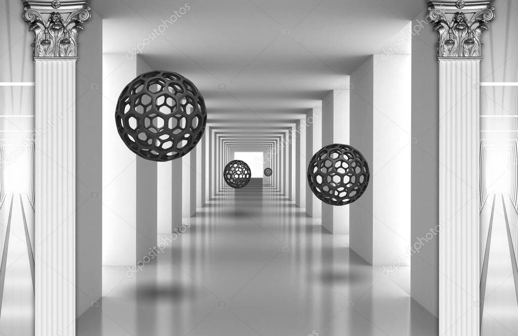 3d mural digital illustration silver tunnel with sphere and columns .modern rendering gray interior wallpaper