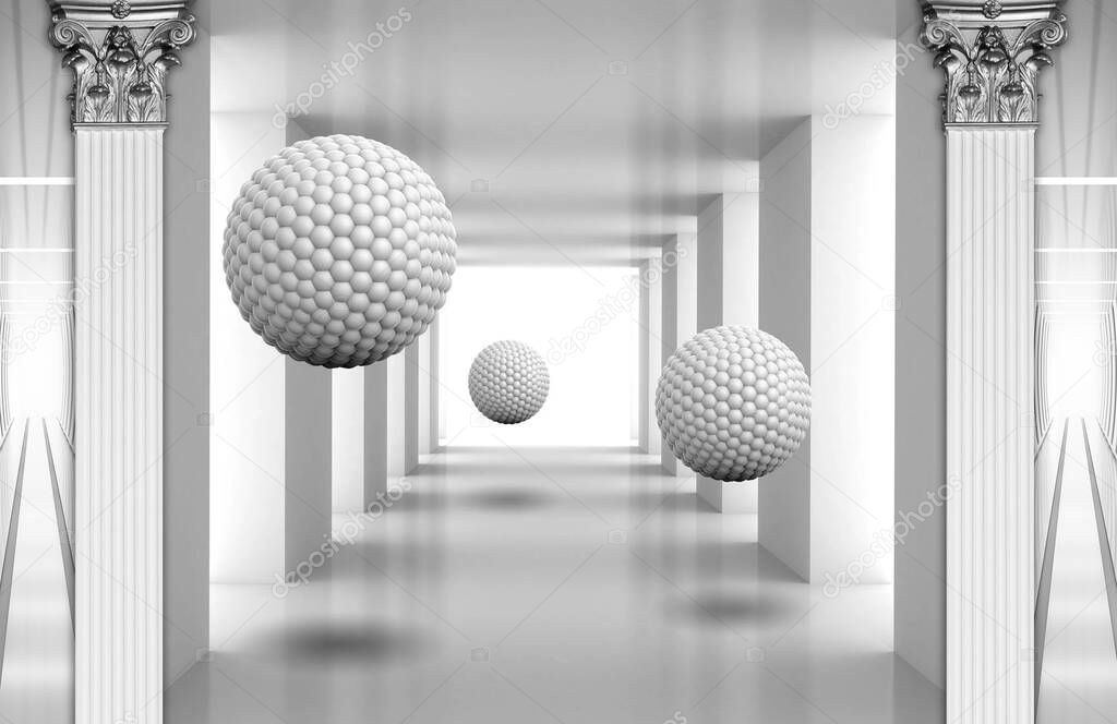 3d mural digital illustration silver tunnel with sphere and columns .modern rendering gray interior wallpaper