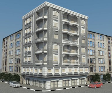 3D renkli çizim. Yol, ağaçlar ve gökyüzü manzaralı bina. .