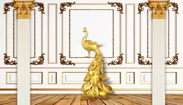 Illustration Väggmålning Vit Vägg Whit Gyllene Ramar Och Gyllene Påfågel — Stockfoto