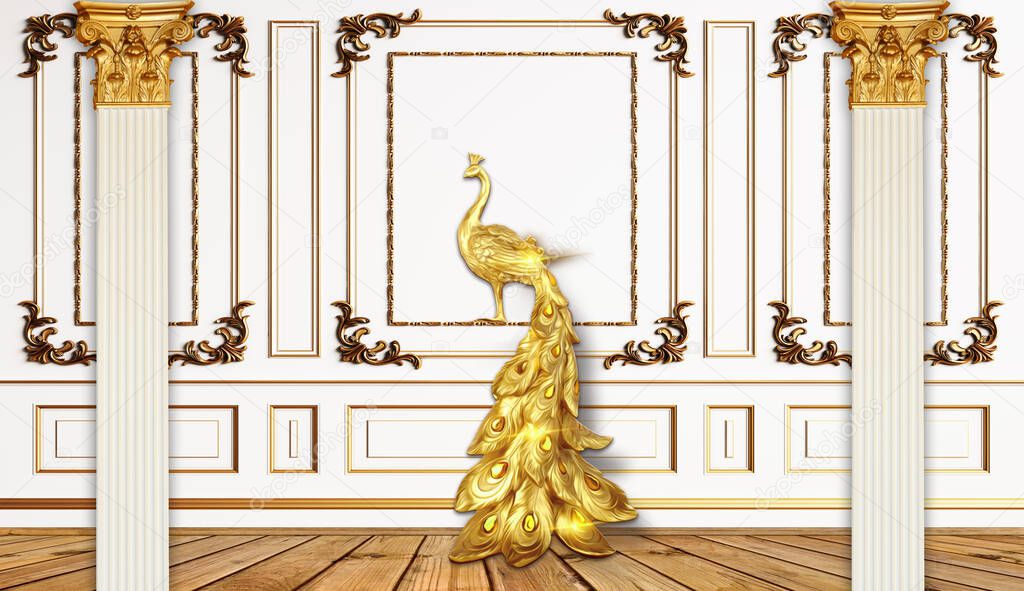 3d illustration mural , white wall whit golden frames and golden peacock , columns and wooden floor . Jewelry , columns and wooden floor . capitone background