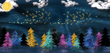 Koyu mavi ormanlı, koyu mavi arka planlı 3D modern sanat duvar kağıdı. siyah noel ağacı, dağ, beyaz kuşlu altın ay. Duvarlarda çerçeve olarak kullanılabilir .