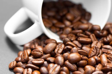 Siyah arka plan ile kahve bitkisi meyveile taze çekilmiş kavrulmuş kahve çekirdekleri.