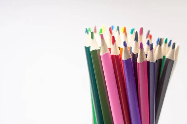 Groepering van gekleurde potloden verticaal gerangschikt op witte achtergrond. Terug naar school. — Stockfoto
