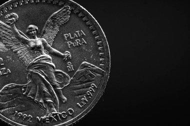 Adamın elinde gümüş bir Amerikan sikkesi var, çeyrek dolarlık sikkenin yakın çekimi siyahın üzerine izole edilmiş. Çanta, dolar.