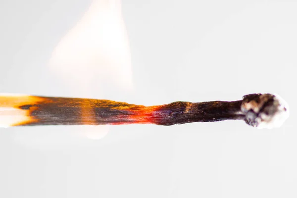 Match allumé sur un fond blanc, feu vif sur le bâton d'allumette. Le feu en flammes — Photo