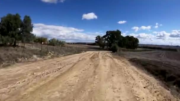 ウルトラHd 周りの木や植物と泥道でサイクリング 多数の雲と青い空と環境の自然のパノラマ — ストック動画