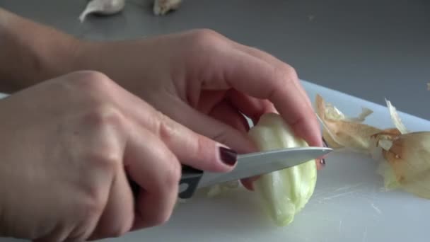 ウルトラHd 人が調理し 軽い木製のベースに玉ねぎをスライス 玉ねぎを切るためにナイフを持つ手 — ストック動画