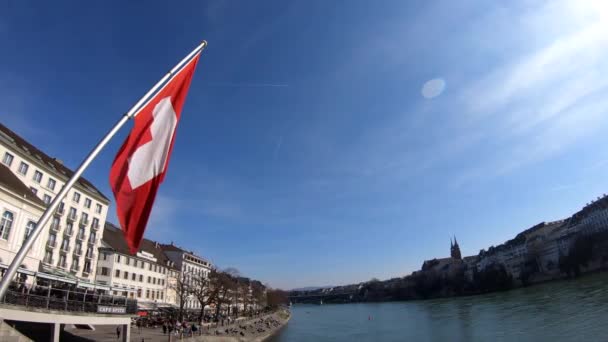 Basel Schweiz März 2018 Die Schweizer Flagge Weht Wind Auf — Stockvideo