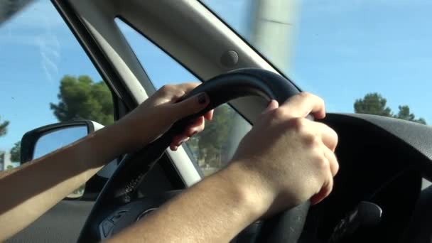 Ultra Close Hands Person Steering Wheel Driving Car Woman Driving — Stock Video