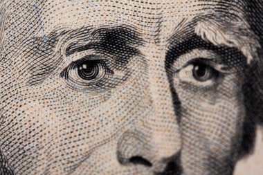 20 dolarlık banknot. 20 dolarlık banknot. Görüntü siyah arka plan üzerinde izole. Sırayla yerleştirilen banknotlar, ABD Başkanı Jackson'ın yüzü.