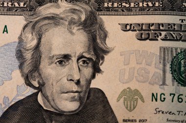 20 dolarlık banknot. 20 dolarlık banknot. Görüntü siyah arka plan üzerinde izole. Sırayla yerleştirilen banknotlar, ABD Başkanı Jackson'ın yüzü.