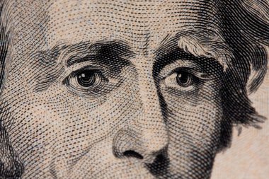 20 dolarlık banknot. 20 dolarlık banknot. Görüntü siyah arka plan üzerinde izole. Sırayla yerleştirilen banknotlar, ABD Başkanı Jackson'ın yüzü.