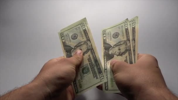 Der Hände Die Zwanzig Dollar Scheine Auf Weißem Hintergrund Zählen — Stockvideo