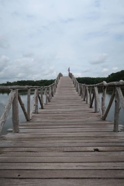 Bulutlu gökyüzü altında bir gölde Resak tembaga ahşap köprü
