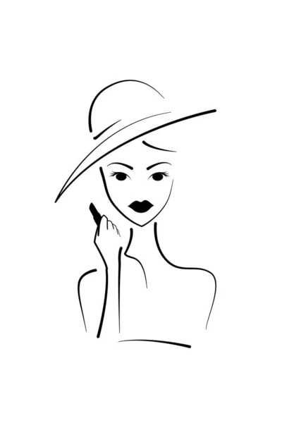 Elegante Línea Dibujo Mujer Con Lápiz Labial Mano Usar Sombrero — Vector de stock