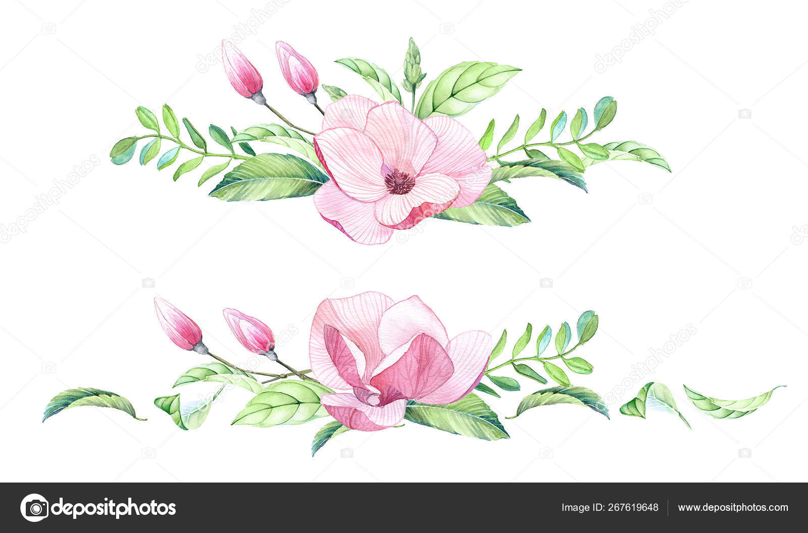 Download Watercolor Floral Arrangement Big Magnolia Flowers Buds Tropical Leaves Colorful Stock Photo Image By C Akvarelldesign 267619648