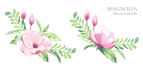 Akvarell Virág Elrendezése Nagy Magnólia Virágok Rügyek Trópusi Levelek Színes — Stock Fotó