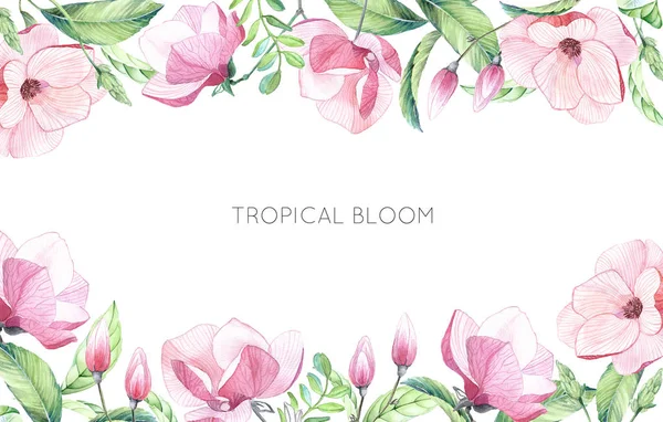 Aquarel Bloemen Arrangement Van Grote Magnolia Bloemen Toppen Tropische Bladeren — Stockfoto