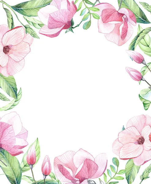 Akwarela Kwiatowy Układ Dużych Kwiatów Magnolii Pąki Tropikalnych Liści Kolorowy — Zdjęcie stockowe