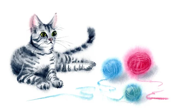 Illustrazione Acquerello Disegnato Mano Divertente Simpatico Gatto Giocoso Con Strisce — Foto Stock